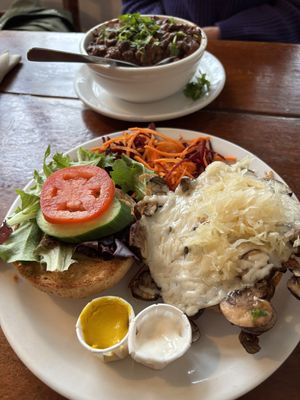 Tempeh Reuben with vegan cheese. HUGE slab of fresh tempeh that was really good. Mom had the chili and thought it was great.   at The Naam in Vancouver