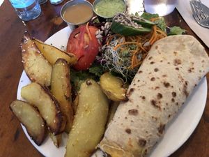 Chapati dog with vegan cheese! A favorite! at The Naam in Vancouver