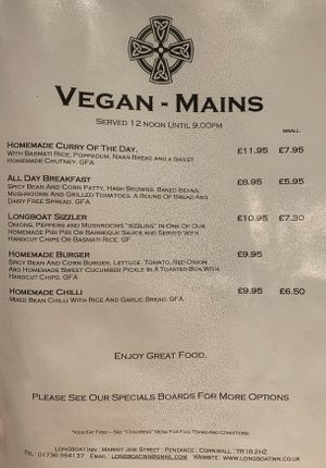 The vegan menu at The Longboat Inn in Penzance