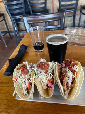 Vegan Taco and dark beer  at The Settlement in Priest River