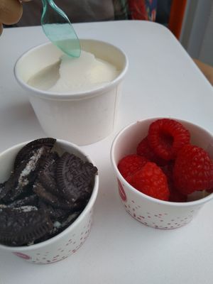 Frozen soy yogurt + 2 toppings of choice: in this case oreo cookies (=plant-based!) & raspberries at Moochie in Mechelen