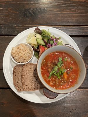 Lunch ¥1050 rye bread, vegetable soup, salad, and brown rice. All vegan  at Otis in Hiroshima