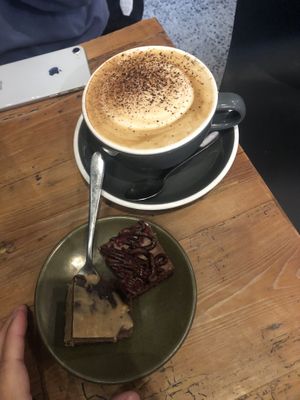 Oat cappuccino with PB and Black Forest fudge   at The Standard Kitchen in Dunedin