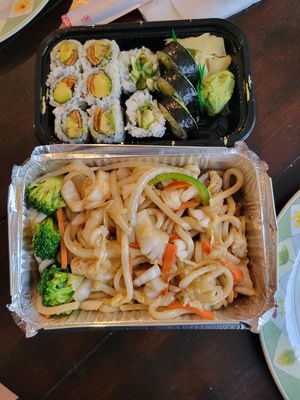 Tofu skin avocado roll, avocado cucumber asparagus roll, vegetable yaki udon at Sushi Palace in Edison