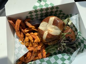 Their EPIC “Shroom Sammwich” served with sweet potato fries & chipotle cashew dressing.  at Peace Love & Eatz in Desoto