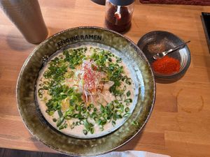 Ask for chilli oil and togarashi on the side if you want it extra spicy!   at Kyoto Engine Ramen in Kyoto