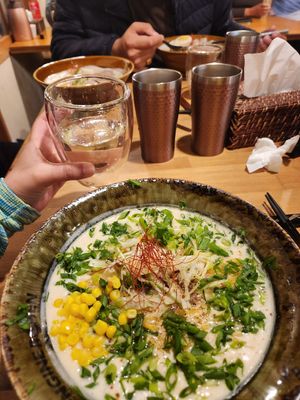The vegan spicy ramen and the sake at Kyoto Engine Ramen in Kyoto