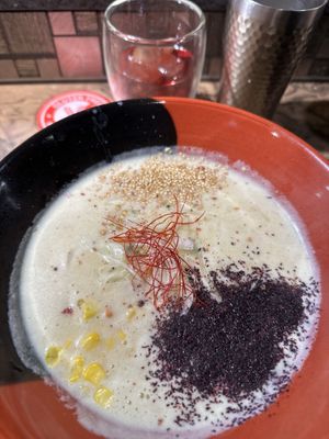 Vegan ramen with my gluten free coaster peeping out at the top   at Kyoto Engine Ramen in Kyoto