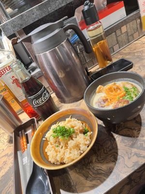 Miso Seasoned Rice (left) Vegan soup dumpling (right)  at Kyoto Engine Ramen in Kyoto