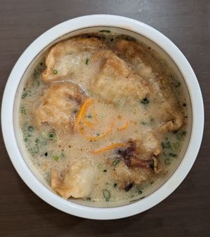 Soup with dumplings at Kyoto Engine Ramen in Kyoto