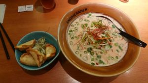 Zesty ramen and vegetables gyōza at Kyoto Engine Ramen in Kyoto