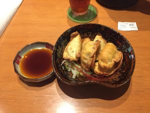 Veggie gyoza - crispier than gyoza I’m used to  at Kyoto Engine Ramen in Kyoto
