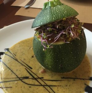 Stuffed courgette with vegetables, quinoa and smoked tofu with dill cream.  at L'Hortet in Barcelona