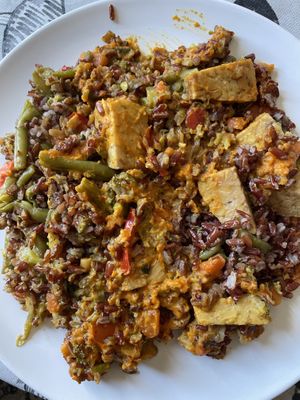 Red rice tofu  at L'Hortet in Barcelona