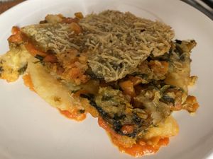 Potato cake with veg protein and vegan cheese  at L'Hortet in Barcelona