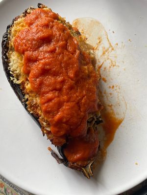 Eggplant filled with pea protein  at L'Hortet in Barcelona