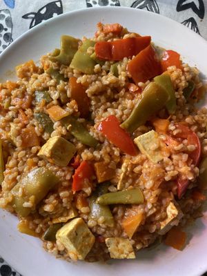 Red peppers rice  at L'Hortet in Barcelona