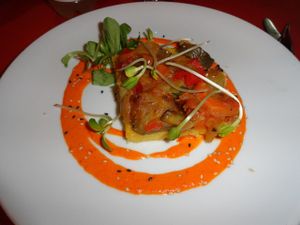 Polenta with fried vegetables and carot cream at L'Hortet in Barcelona