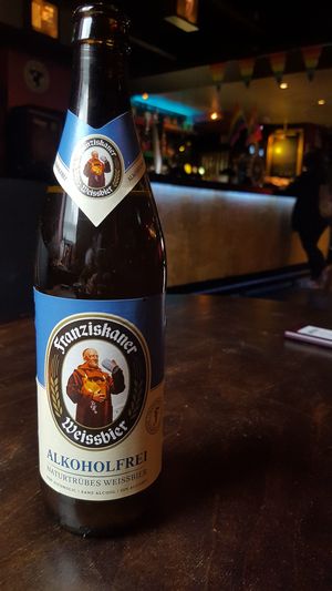 A non-non-alcoholic wheat beer my boyfriend ordered at the bar at Veganaes in Reykjavik