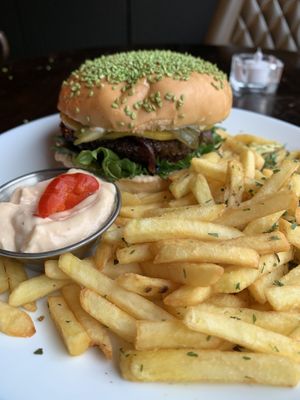 Wasabi burger and fries  at Veganaes in Reykjavik