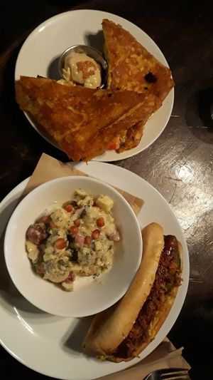 Burn sandwitch and hotdog with great potato salad. at Veganaes in Reykjavik