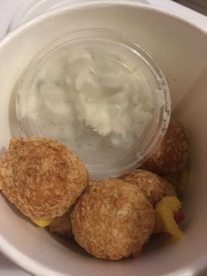 Cheese balls and dip sauce  at Veganaes in Reykjavik