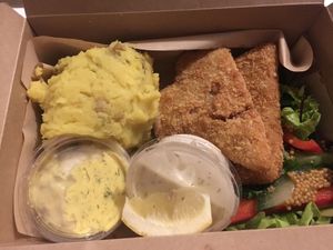 Fried vegan fish  at Veganaes in Reykjavik