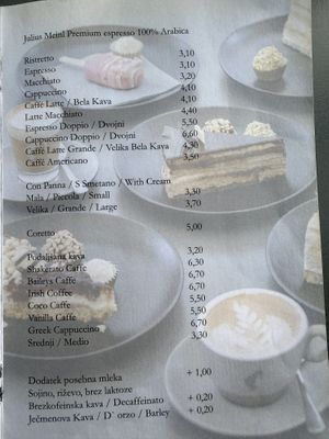 Menu  at Mestna Kavarna in Piran