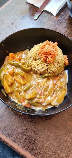 Vegan curry bowl with noodles swapped for yellow rice at Sri Lankan Curry Bowl in Zagreb