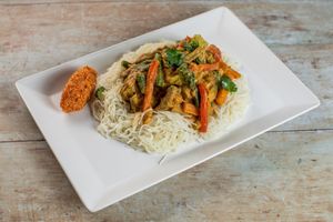 Curry Bowl Vegan Curry on bed of rice noodles at Sri Lankan Curry Bowl in Zagreb