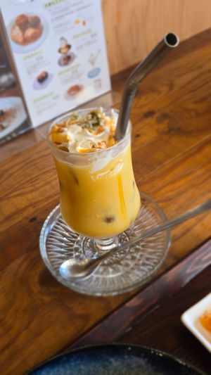 Pumpkin latte at Vegan Cafe PQ's in Tokyo