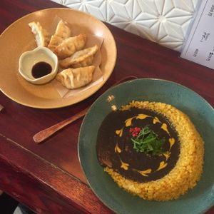 Curry and gyoza  at Vegan Cafe PQ's in Tokyo