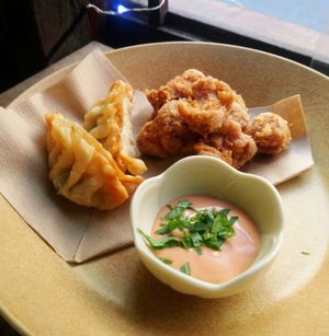 Fried soymeat (karaage) and Gyoza. Available every Friday. at Vegan Cafe PQ's in Tokyo