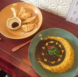 Gyozas and curry at Vegan Cafe PQ's in Tokyo