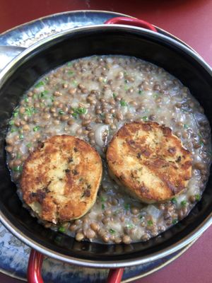 Traditional Lentil stew with dumpling slices   at Cafe Kunst Haus in Vienna