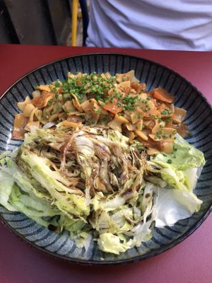 Krautfleckerl - traditional pasta with fried cabbage and side salad   at Cafe Kunst Haus in Vienna