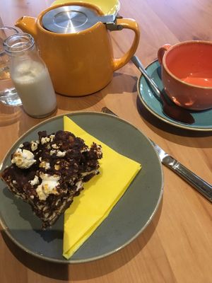 Rocky road with their blend of tea with oat milk at KITTCHEN in Hawkshead