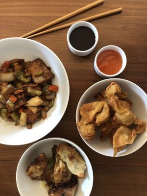 Vegan ‘cream cheese’ wontons, fried vegan dumplings and Kung pao tofu at Camdi in Minneapolis