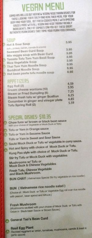 full vegan menu! at Camdi in Minneapolis