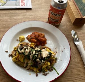 Scrambled tofu and sweet corn fritters  at Hullabaloo in Ipswich