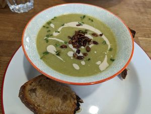 Cashew and pea soup with homemade sourdough at Hullabaloo in Ipswich