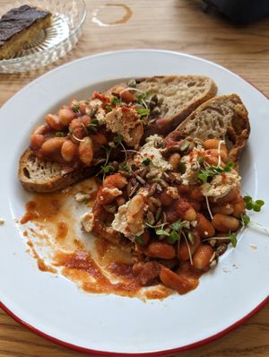 Hula Beans on Sourdough, minus one bite! at Hullabaloo in Ipswich