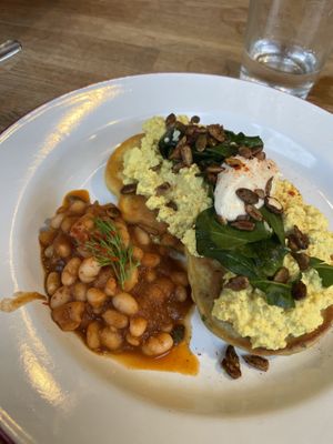Corn fritters with scrambled tofu and Smokey beans  at Hullabaloo in Ipswich