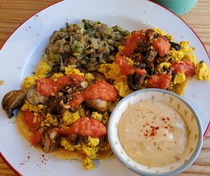Brunch scrambled tofu with puy lentil, mushrooms at Hullabaloo in Ipswich