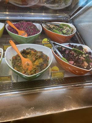 Vegan options in photo: purple quinoa salad, roast pumpkin, broccoli slaw salad, beetroot kale salad  at Nood Food - Pacific Place in Hong Kong Island