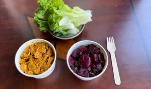 My order: beet salad, jackfruit (vegan chicken) VERY TASTY 😋   at Sweet Cherubim Restaurant and Bakery in Vancouver