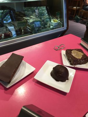 from left to right:double chocolate brownie, bliss ball, ginger square at Sweet Cherubim Restaurant and Bakery in Vancouver