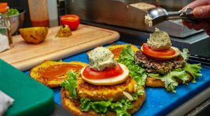 yellow vegan burger at Barcode Mitra in Zagreb