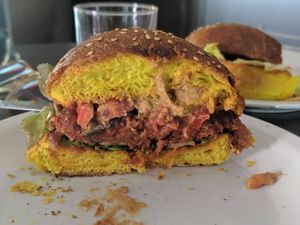 Red burger. So good, a bit of spice. at Barcode Mitra in Zagreb