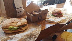 Shiitake sandwich, spicey black bean burger and poutine...OMG! at Copper Branch in Kingston